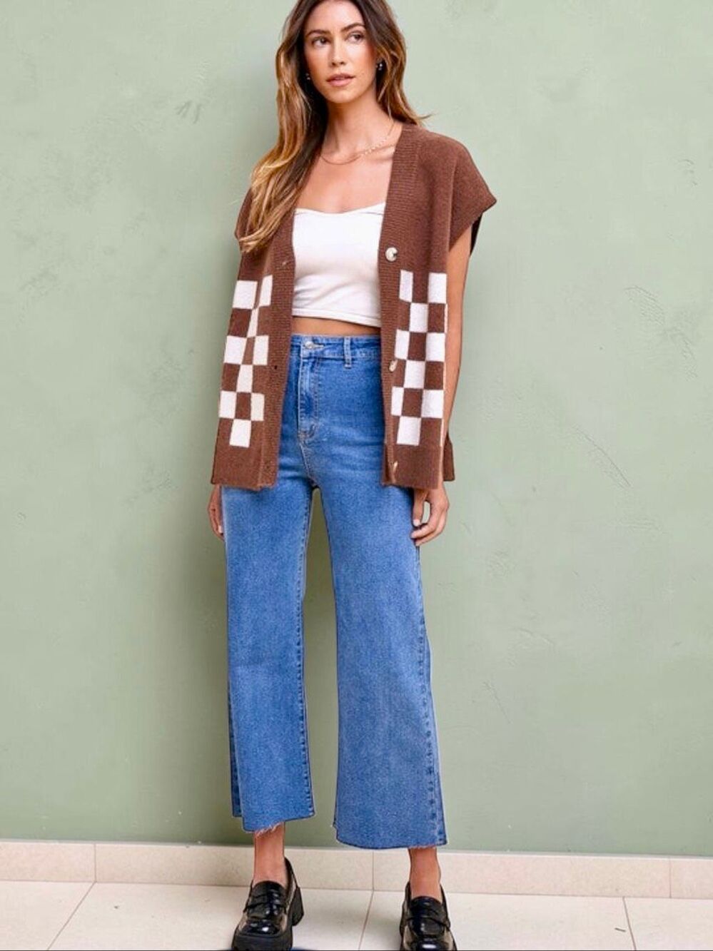 Annie Wear Brown Checkerboard Sweater Vest Button Front Knit Cardigan NEW - Picture 4 of 15